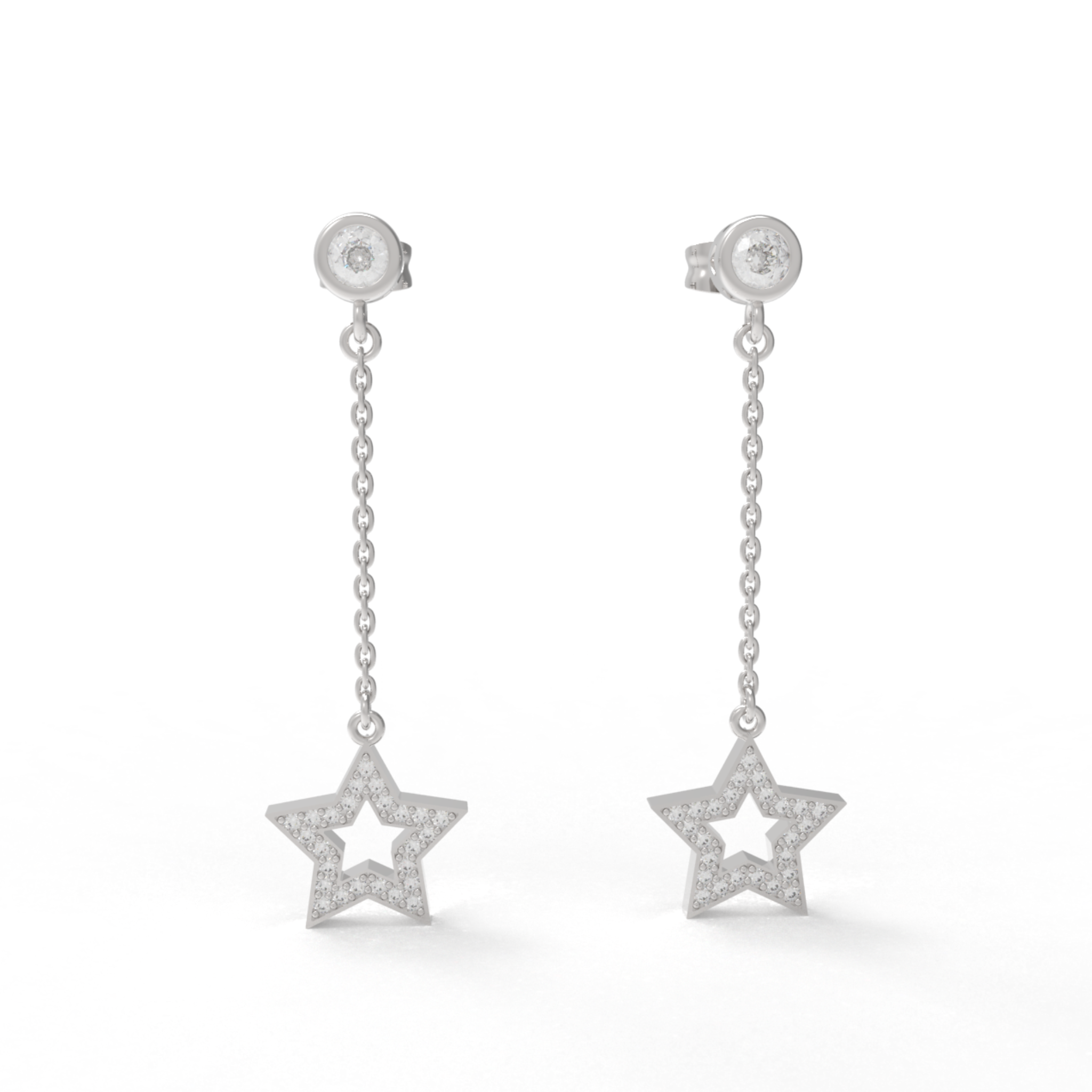 CZ Star Moon Celestial Dangle Chain Earrings, Hallmarked 925 Sterling Silver